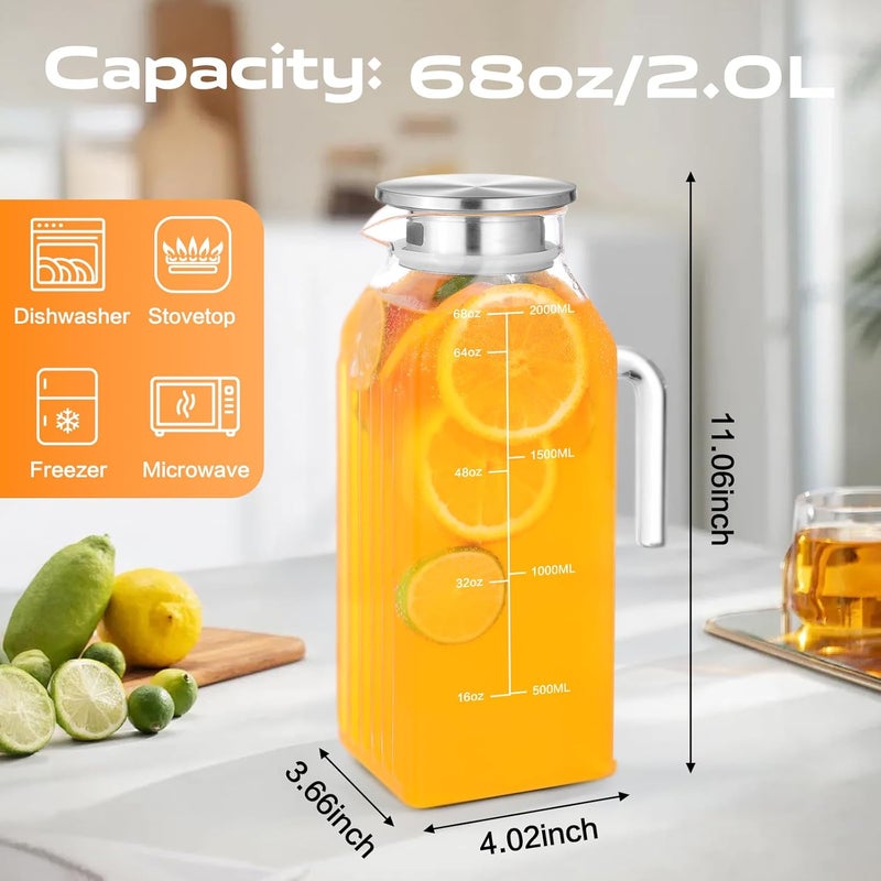 Aofmee 68oz Glass Pitcher for Fridge, 2 Liter Square Water Pitcher with Lid and Handle, Heat Resistant Tea Pitchers, Borosilicate Glass Carafe with Scale Line for Hot/Cold Beverage - Image 2